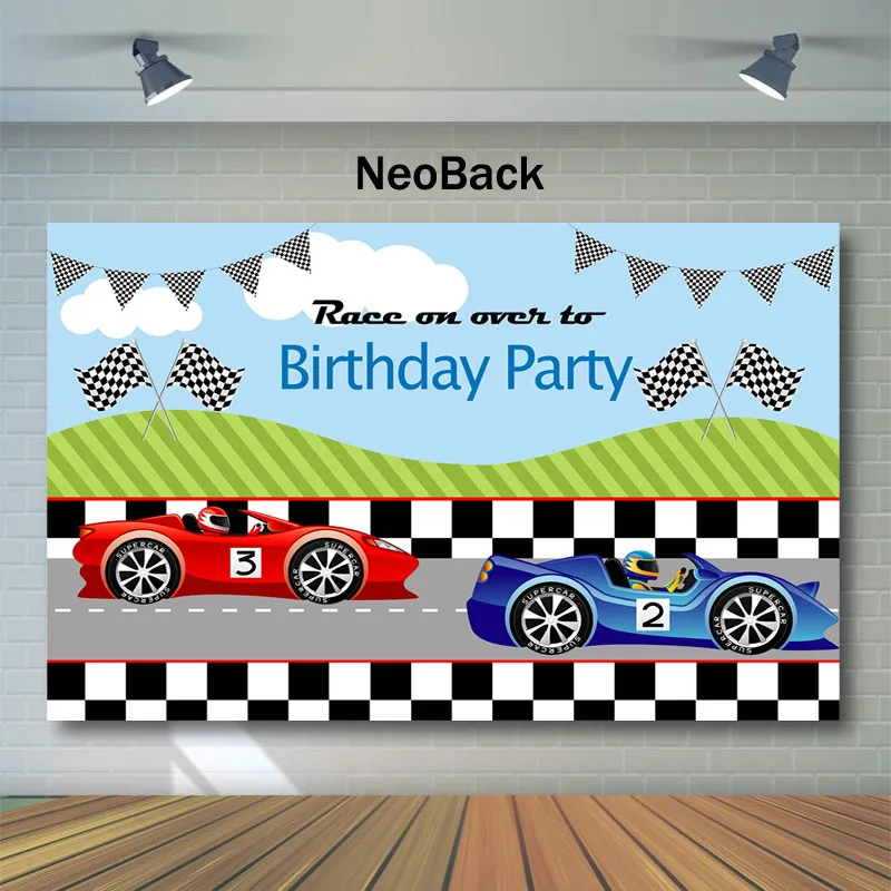 Фон для фотосъемки с надписью NeoBack Racing theme Boy Happy Birthday флагом красного и синего