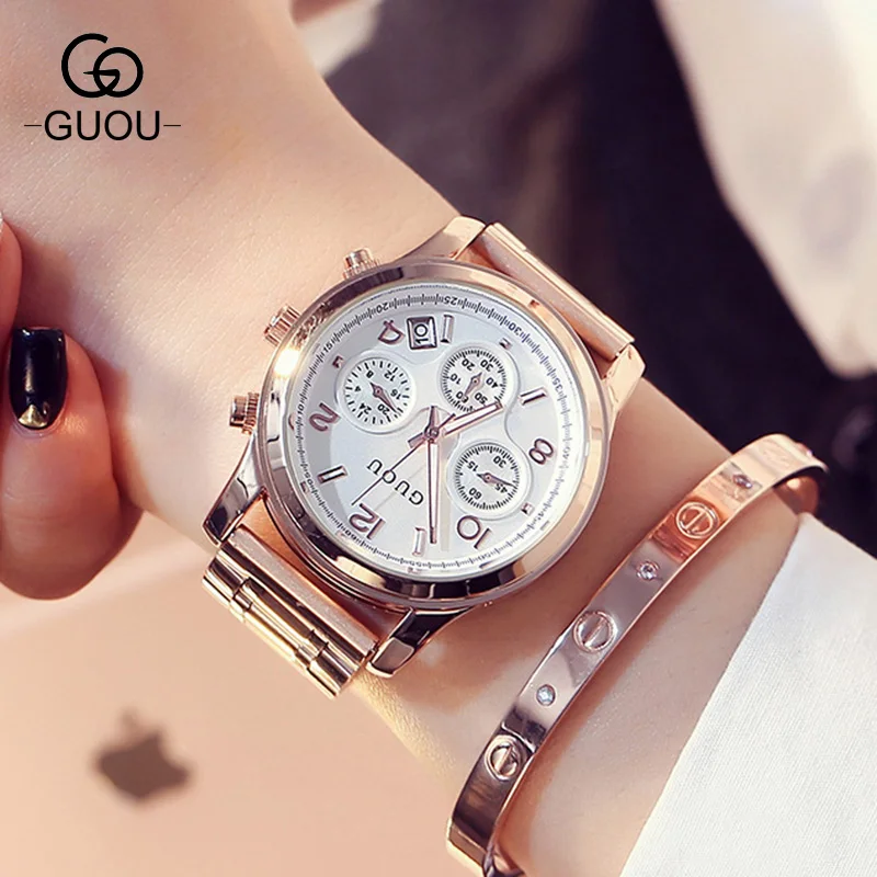 GUOU люксовый бренд 3 глаза из нержавеющей стали розовое золото водонепроницаемые