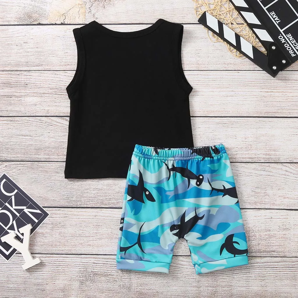Toddler Boy Clothes Set Child Infant Cartoon Shark Letter Printed Vest Tops+Shorts Children Clothing For Boys 1 2 3 4 Years | Детская