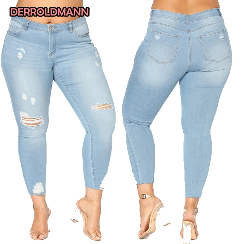 Большие размеры рваные джинсы женские эластичные штаны джинсовые Хлопковые
