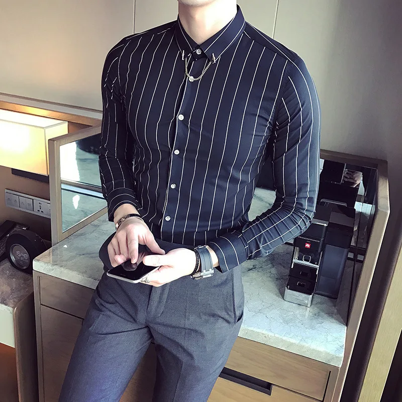 

Slim long-sleeved shirt boutique men's striped long-sleeved shirt 2017 men's shirt