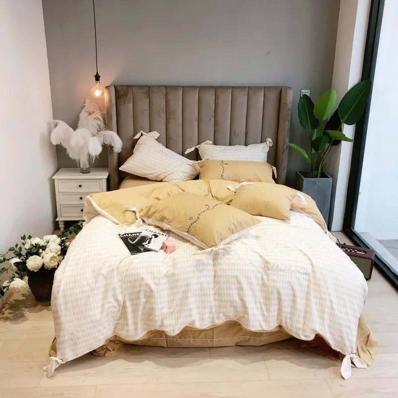 Новый Белый Желтый Двусторонний дизайн вышивка 100% хлопок набор постельных