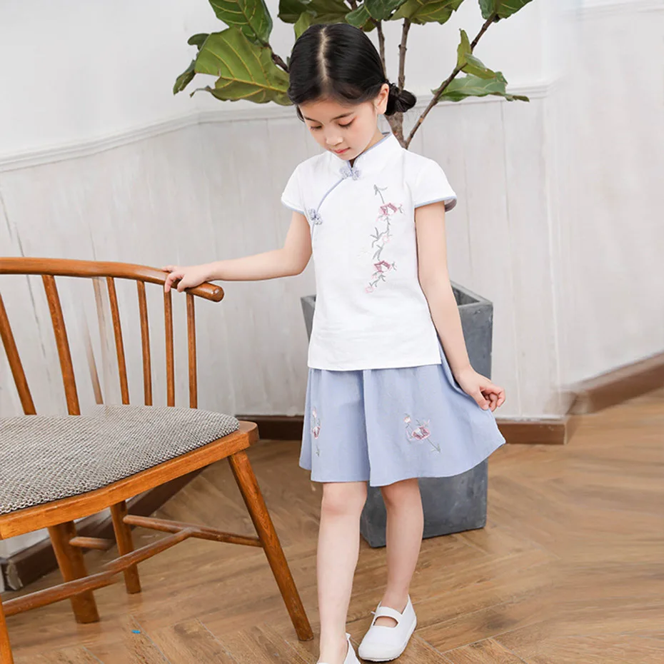 Одежда для девочек рубашка с цветочной вышивкой + юбка детская одежда из 2