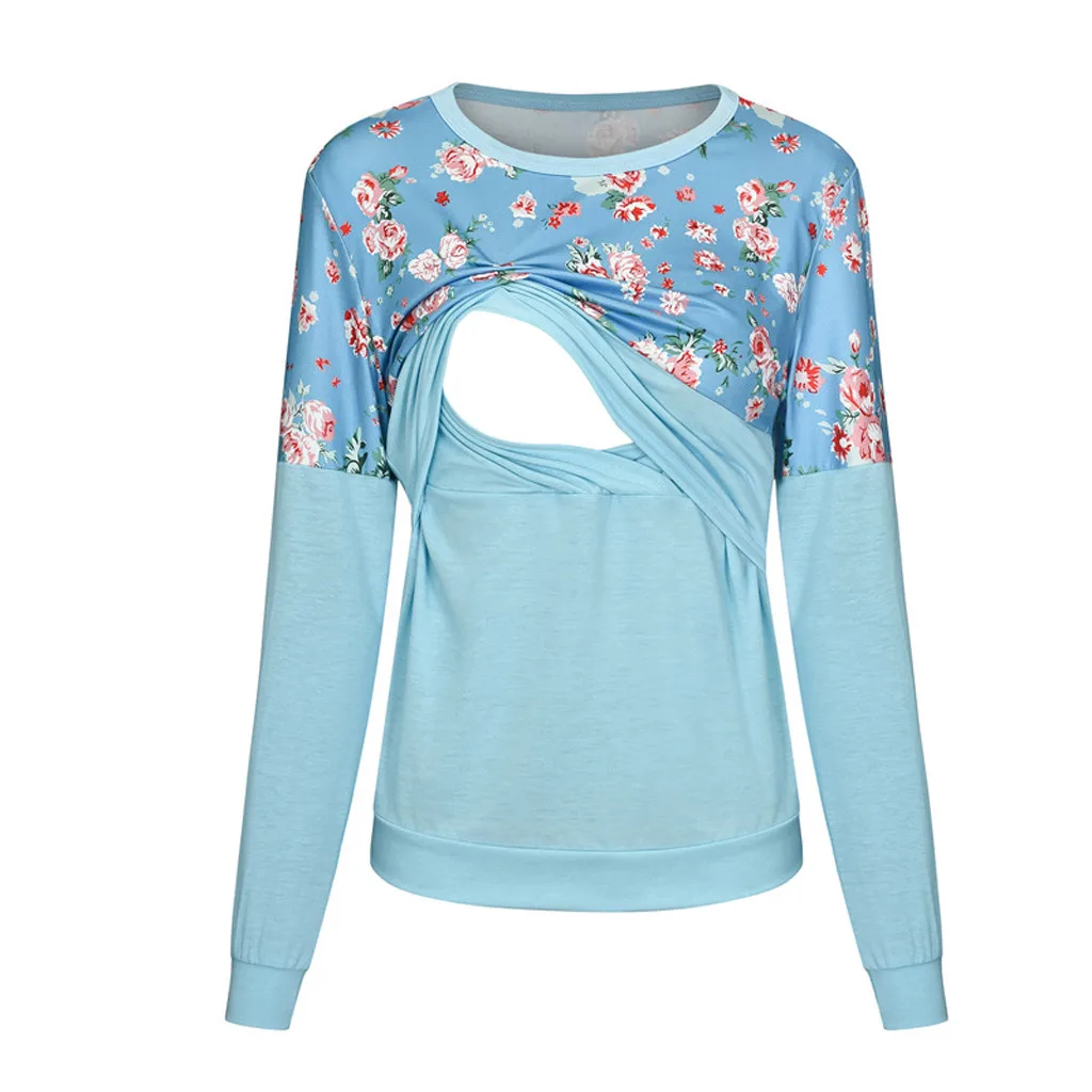 

Maternity Pregnant Nusring Long Sleeve Tops Splicing Stripe Blouse Tops(Blue )