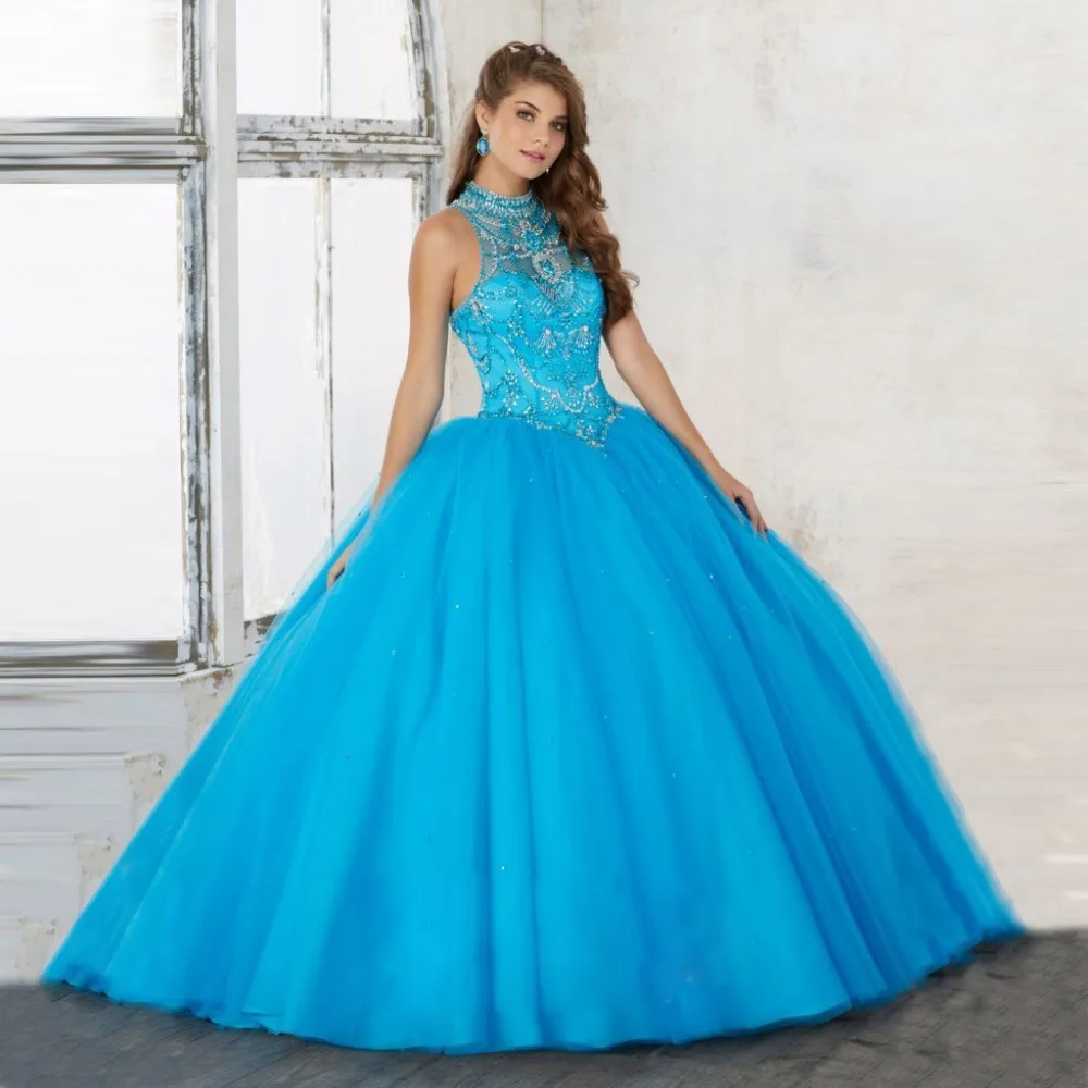 Пышные бальные платья Quinceanera фатиновые с высокой горловиной и кружевной