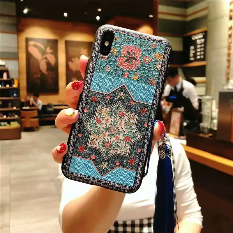 For iPhone XS Max Case XR Chinese embroidery craft Tassel Phone 6 7 8 Plus 3D Relief Flower Soft Cover |