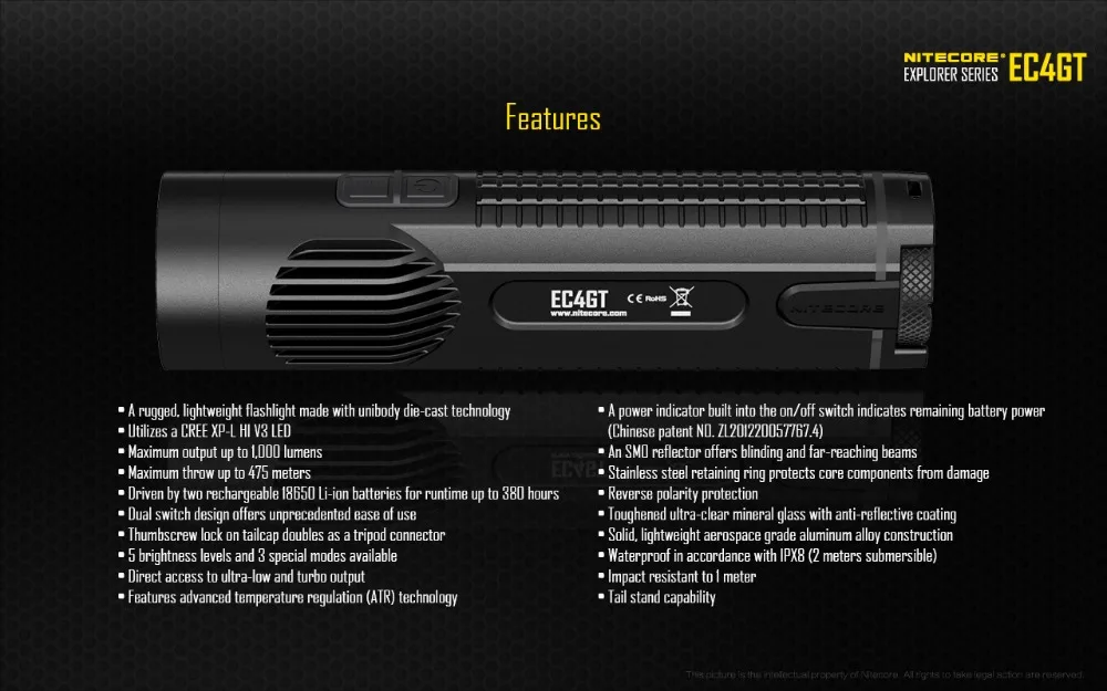 Бесплатная доставка NITECORE EC4GT черный удобный портативный 1000LM эмиттер флэш