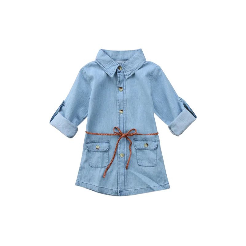 2017 Fashion New Baby Girls Lovely Long Sleeve Turn-Down Collar Sashes Denim Knee-Length Princess Dress Outfit Autumn 2-7Y | Детская