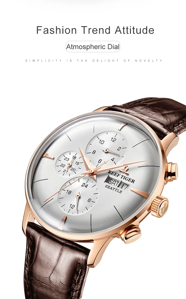 Reef Tiger/RT Топ брендовые Роскошные автоматические часы Reloj Hombre многофункциональные модные кожаные мужские часы из розового золота RGA1699
