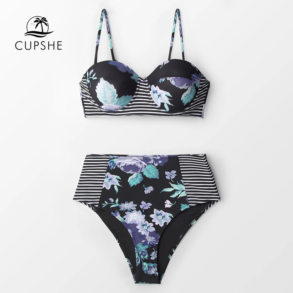 CUPSHE черный цветочный и полосатый женские комплекты бикини Push Up Высокая талия