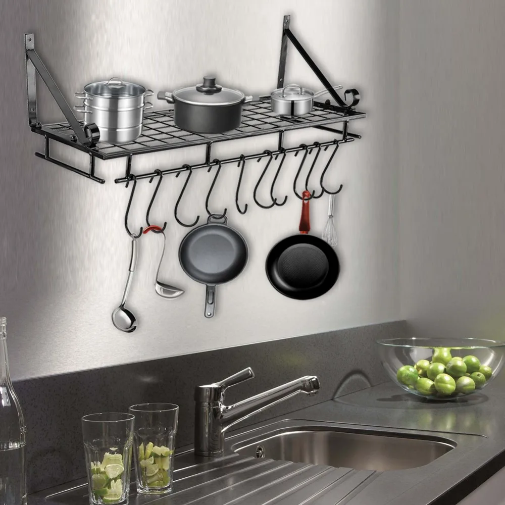 Металлическая подвесная полка для кухонной утвари настенная с 10 крючками
