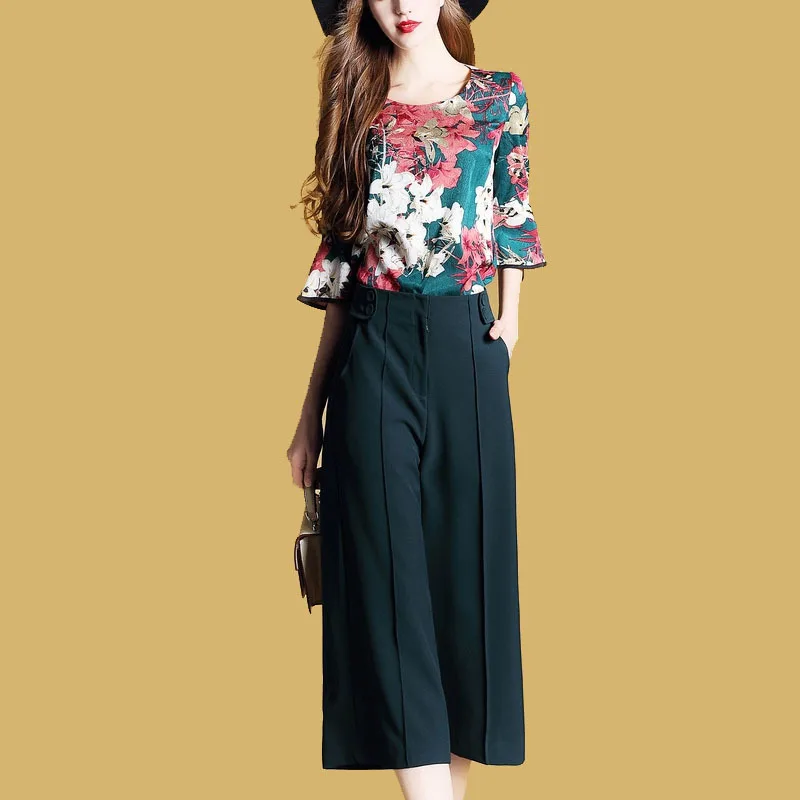 

Female summer fashion new OL work clothes suit printing jacket + pants two-piece wide leg pants suit female Office ladies suits