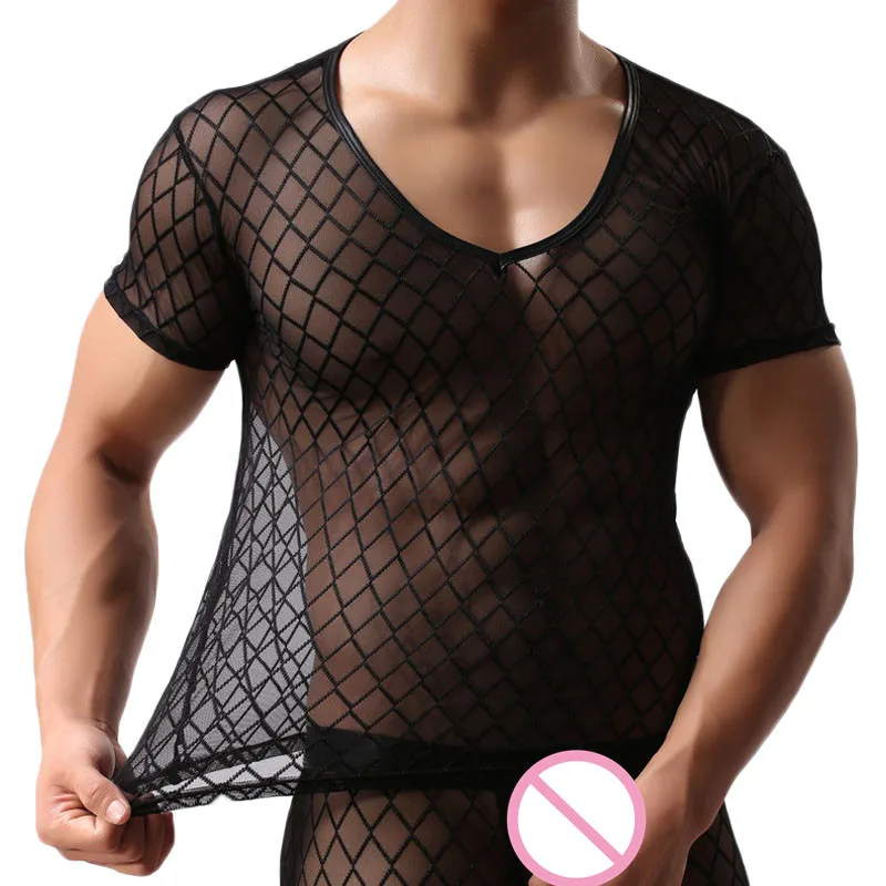 Black(Only Tops) Мужское сексуальное прозрачное Прозрачное нижнее белье, прозрачные сетчатые рубашки в клетку, нижнее белье, мужские трусы - Цвет: Black(Only Tops)