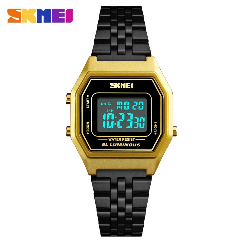 Gold Black Новые роскошные золотые часы для женщин SKMEI брендовые многофункциональные водонепроницаемые цифровые наручные часы модные повседневные женские часы 9 видов цветов - Цвет: Gold Black