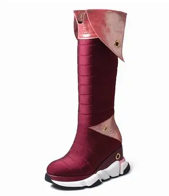 red leather in Prova Perfetto перевернутый дизайн Досуг Стиль Сапоги до колена увеличивающие рост платформа клиновидный каблук кроссовки зимняя обувь высокие сапоги - Цвет: red leather in
