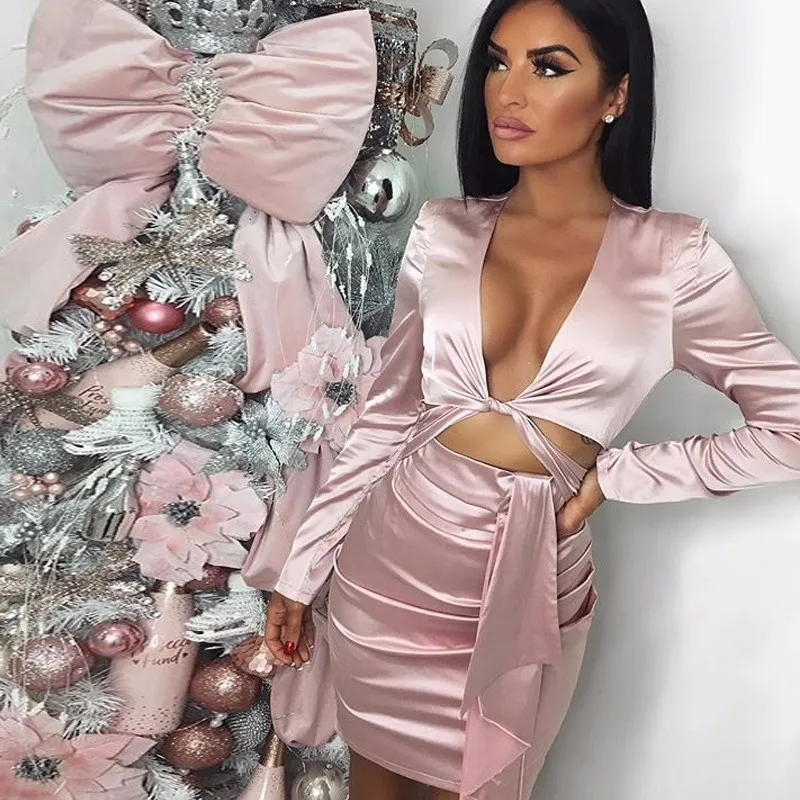 Женское облегающее платье с бантом KylieJenner мини-платье длинными рукавами для