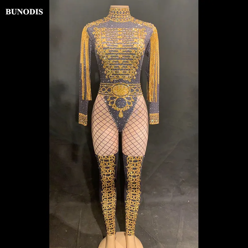 ZD456 Women Black Sexy Jumpsuit Sparkle Crystals Gold Tassel Nightclub Party Stage Wear Dancer Singer 3D Printed Bling Costume