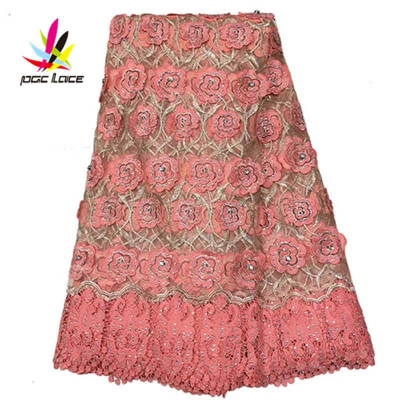 Высокое качество 5 двор/много Африканский кружевной ткани персикового цвета