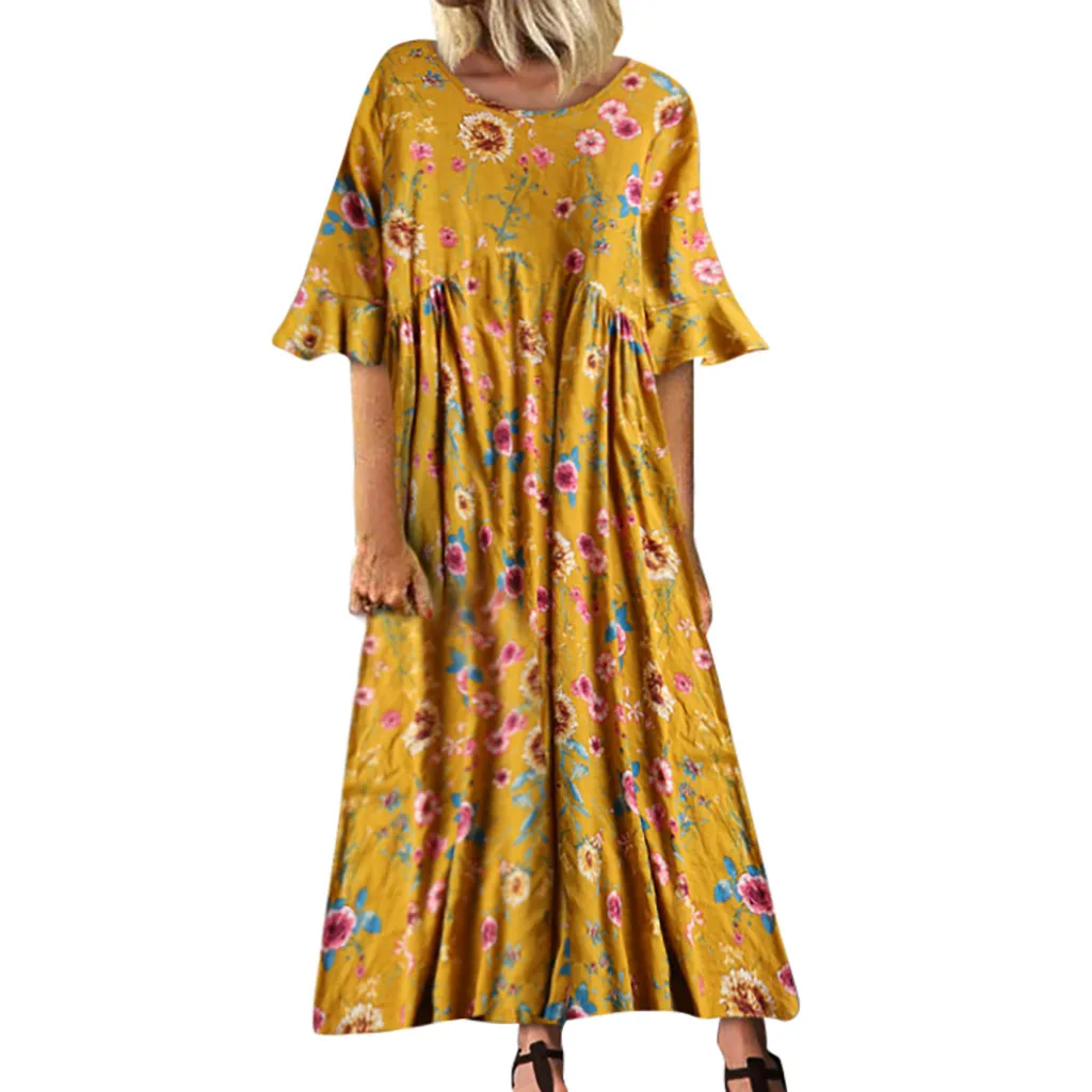 Женское винтажное платье с цветочным принтом длинное коротким рукавом и круглым