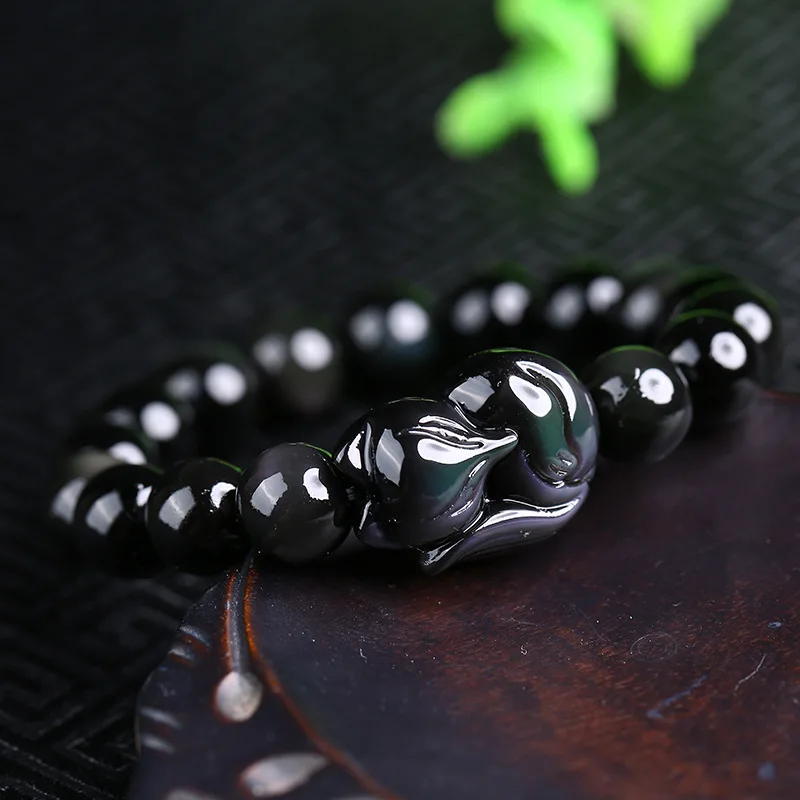 Браслет с круглыми бусинами из натурального черного обсидиана Радужный глаз