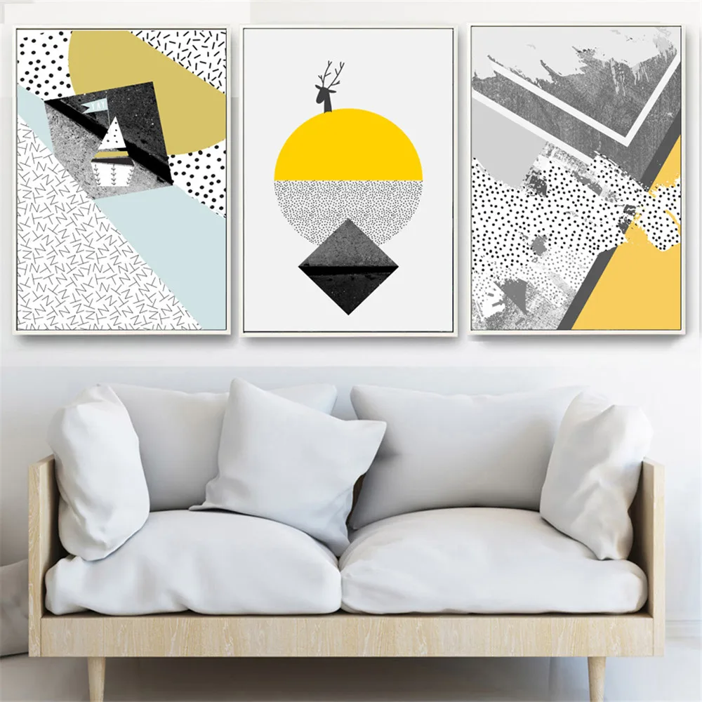 Скандинавский постер абстрактный олень желто-серый геометрический рисунок