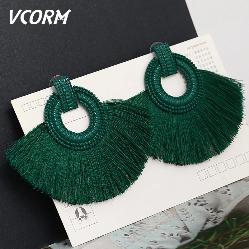 Green 1 VCORM богемные большие висячие серьги с кисточками для женщин модные ювелирные серьги Роскошные серьги с бахромой из хлопка и шелка - Окраска металла: Green 1