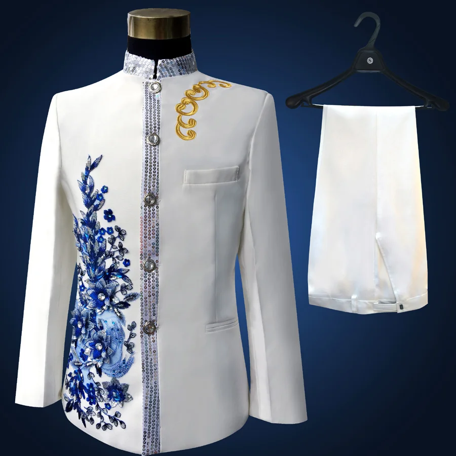 Одежда Чжуншань блестки женский костюм мужское сценическое платье белое |