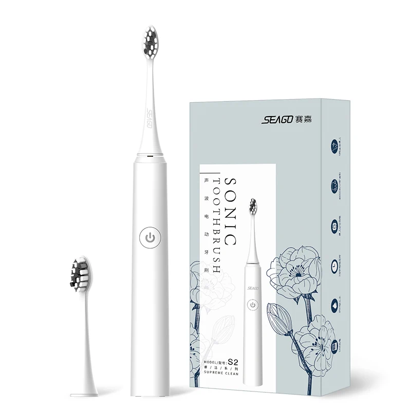 White SEAGO S2 электрическая зубная щетка для взрослых Sonic escova de dente USB перезаряжаемая с 2 сменными головками модная настоящая - Цвет: White