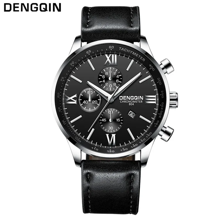 leather black silver DENGQIN модные кварцевые часы для мужчин из нержавеющей стали S часы лучший бренд класса люкс мужские часы бизнес мужские наручные часы Relogio Masculino - Цвет: leather black silver