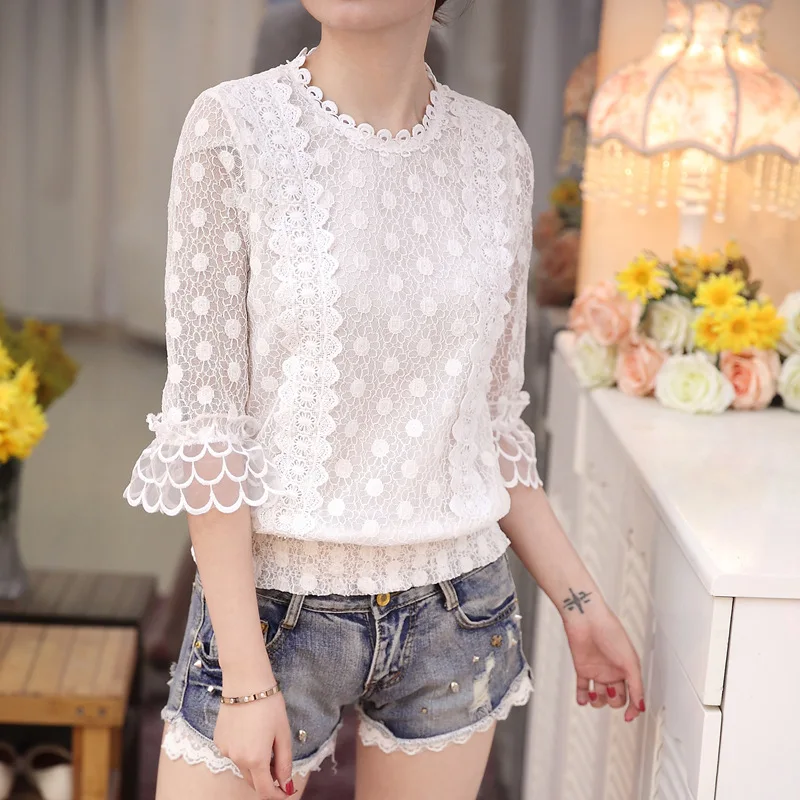 2018 г. новые модные Для женщин белый Кружево блуза с цветочным узором и короткими