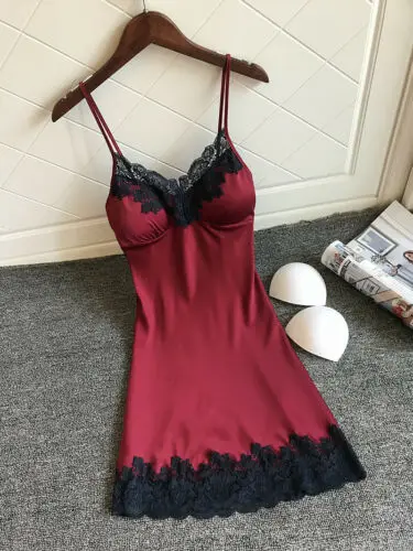 Wine Red Женское белье, шелковое, атласное, кружевное, лоскутное, v-образный вырез, без рукавов, сексуальное, модное, халат, платье, ночная рубашка, ночная рубашка - Цвет: Wine Red