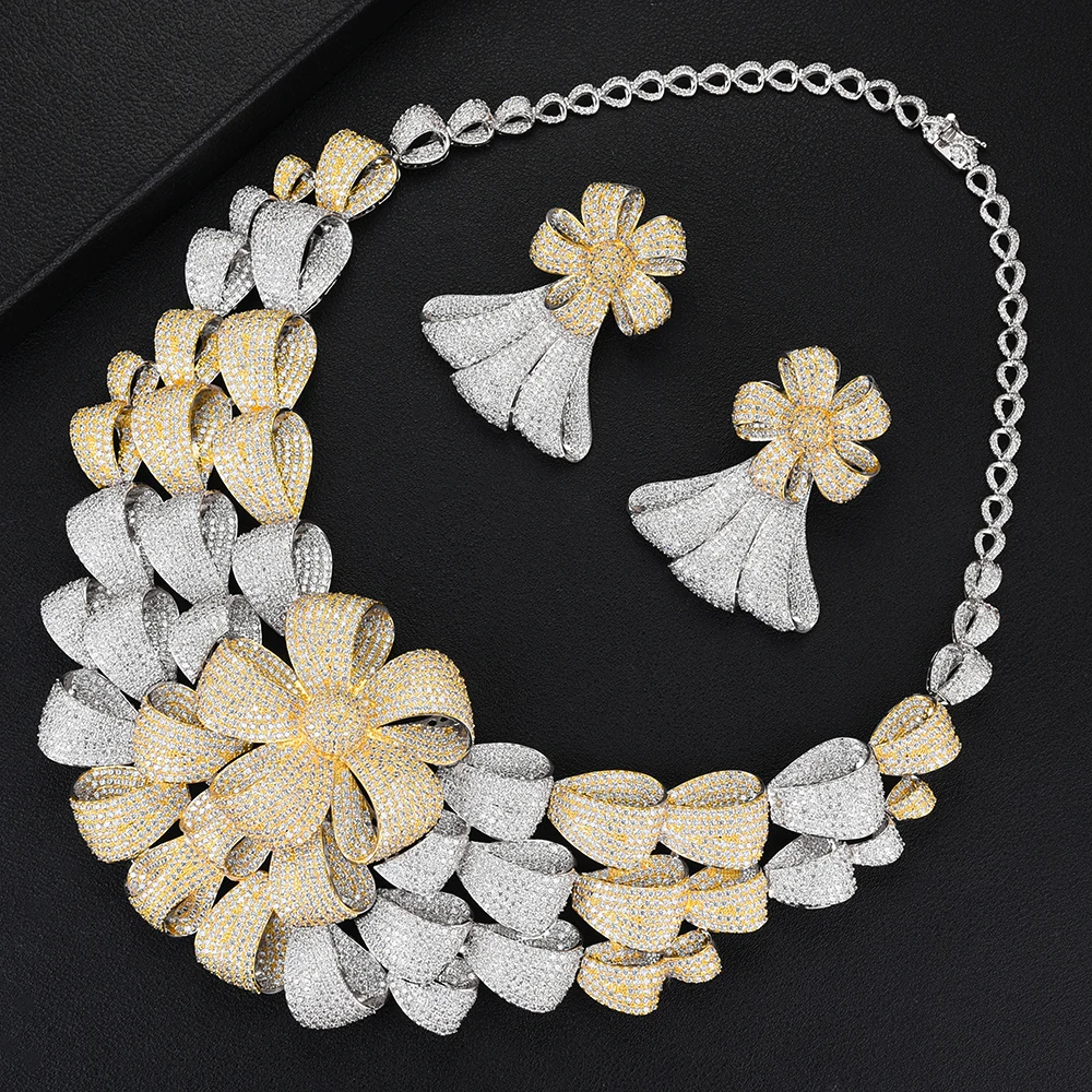SisCathy Luxury Flower Bicolor Jewelry Sets Women Wedding Cubic Zirconia Dubai Gold Necklace Earrings Bangle Ring | Украшения и