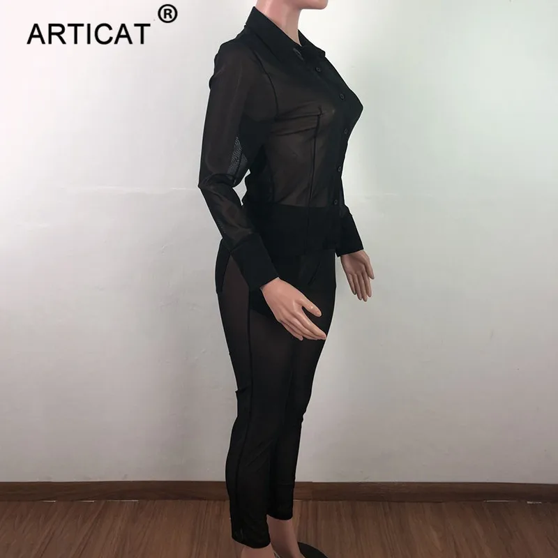 Articat сетчатый прозрачный сексуальный комбинезон для женщин с длинным рукавом и пуговицами Летний комбинезон обтягивающие брюки-карандаш комплект из двух предметов женская одежда