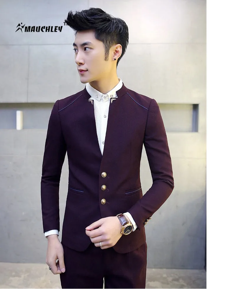 MAUCHLEY 2 шт./компл. Slim Fit Пром Homme Для мужчин костюм Нарядные Костюмы для свадьбы классический китайский воротник вечерние платье костюмы куртка для мальчиков с брюками
