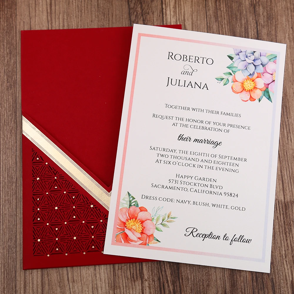 

100pcs Red Burgundy Navy Blue Gold Vertical laser cut Quinceamera fate Anniversary party wedding invitation