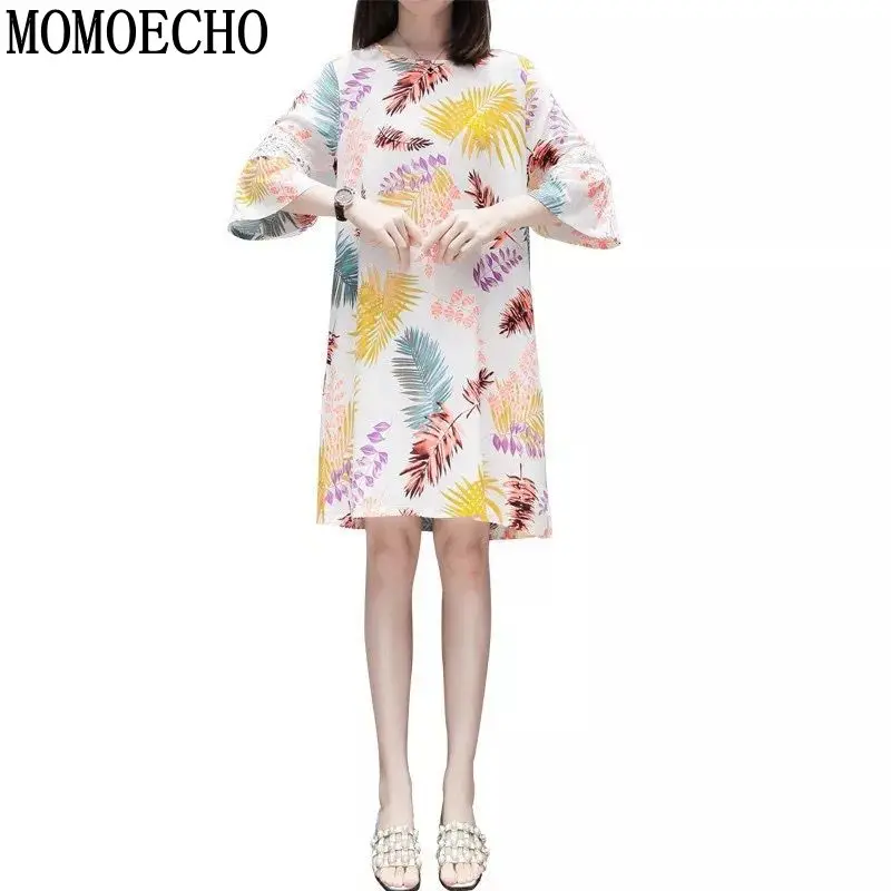 MOMOECHO Для женщин красочный лист Цветочный принт рюшами с круглым вырезом платье