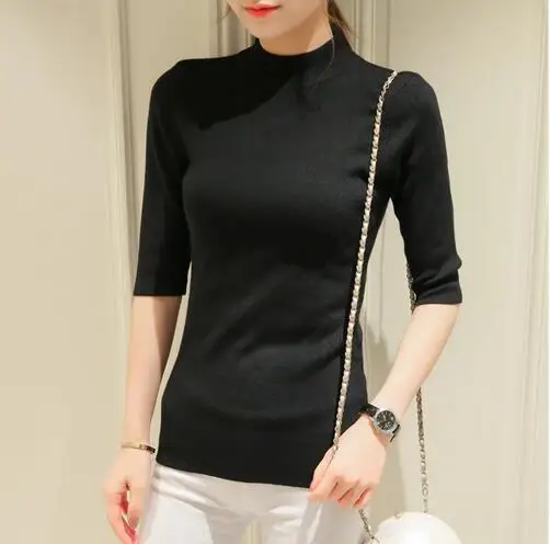 black D Ohclothing2019европейский зимний женский свитер с полувысоким воротником, тонкая белая рубашка, свитер с рукавами, тонкий женский свитер с коротким рукавом - Цвет: black D