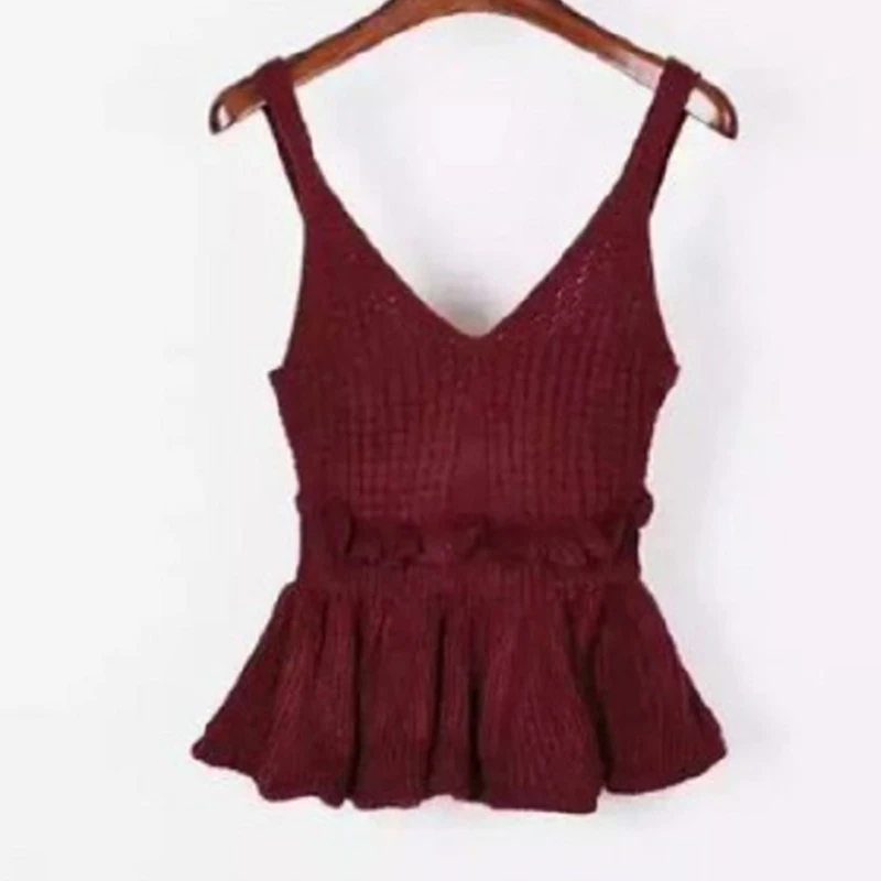 Burgundy Для женщин трикотажное эластичное Ruffled Crop Топы кофта с v-вырезом без рукавов с открытой спиной Туника женская майка лето сексуальный топ Для женщин - Цвет: Burgundy