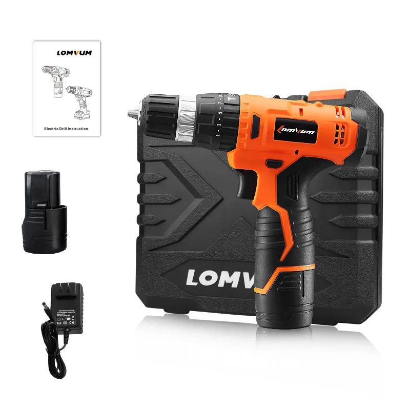 12V 2 Batteries PC Аккумуляторная шуруповерт LOMVUM Hammer с переменной скоростью 2, электрическая Ударная дрель с 2 аккумуляторами, перезаряжаемый чехол Bax 24 В 45N. M - Цвет: 12V 2 Batteries PC