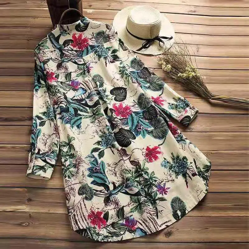 Женская блузка большого размера винтажная льняная рубашка с цветочным принтом