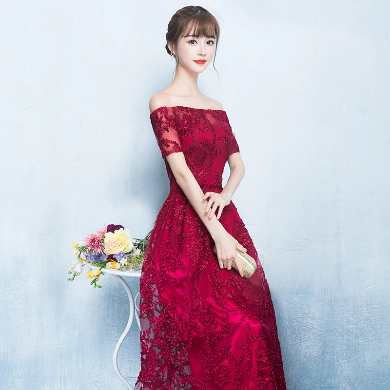Noble Women Off Shoulder Full Length Appliques Cheongsam Elegant Evening Party Gowns Royal Classic Red Bridesmaid Wedding Dress |