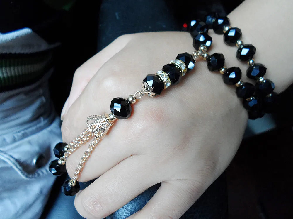 Винтаж мусульманские религиозная молитва бусины 2R Веревка Цепи стрейч tasbih браслет ювелирные изделия, Черный Кристалл Ислам для
