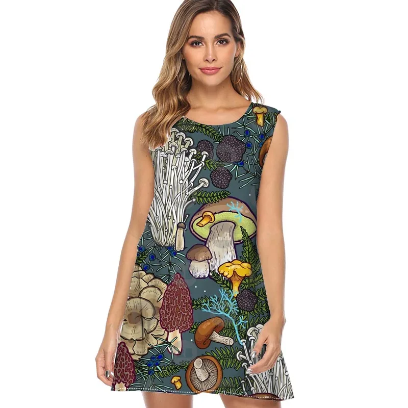 Женское летнее платье без рукавов грибы лес винтажное свободное с круглым