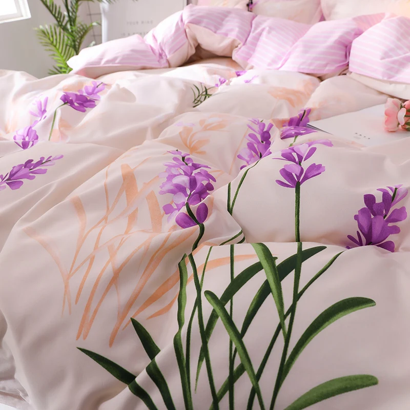 Romantic purple green flower plant printed 3/4pcs bed flat Sheet Pillowcase Duvet cover twin full Queen King size bedding set | Дом и сад