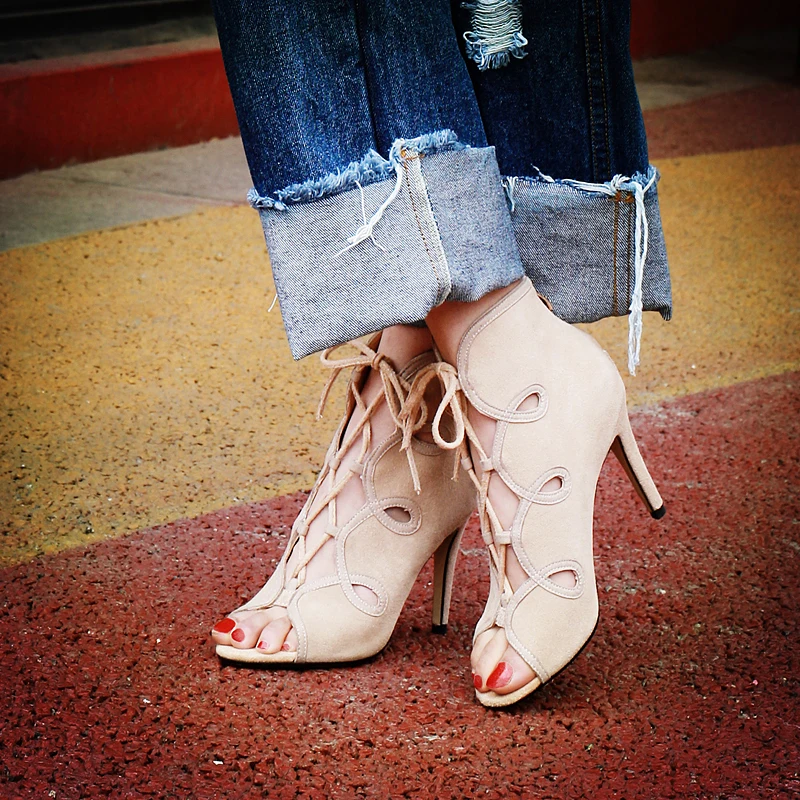 Women's Genuine Suede Leather Cut-out Lace-up Summer Open Toe Ankle Boots Brand Designer Sexy Ladies Short Booties Shoes Women | Обувь