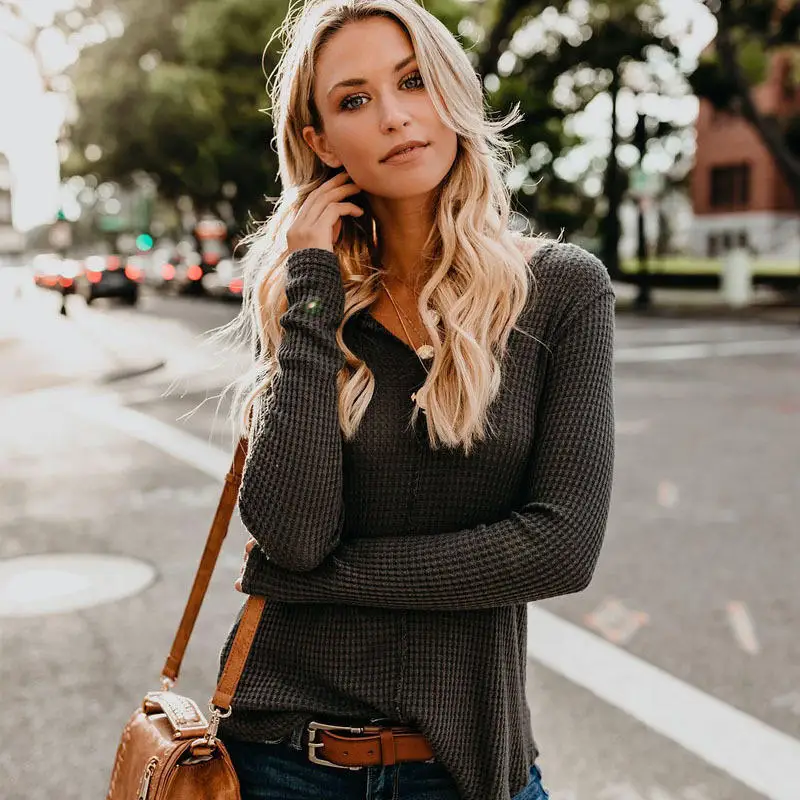 Женская однотонная туника с v образным вырезом и длинными рукавами на