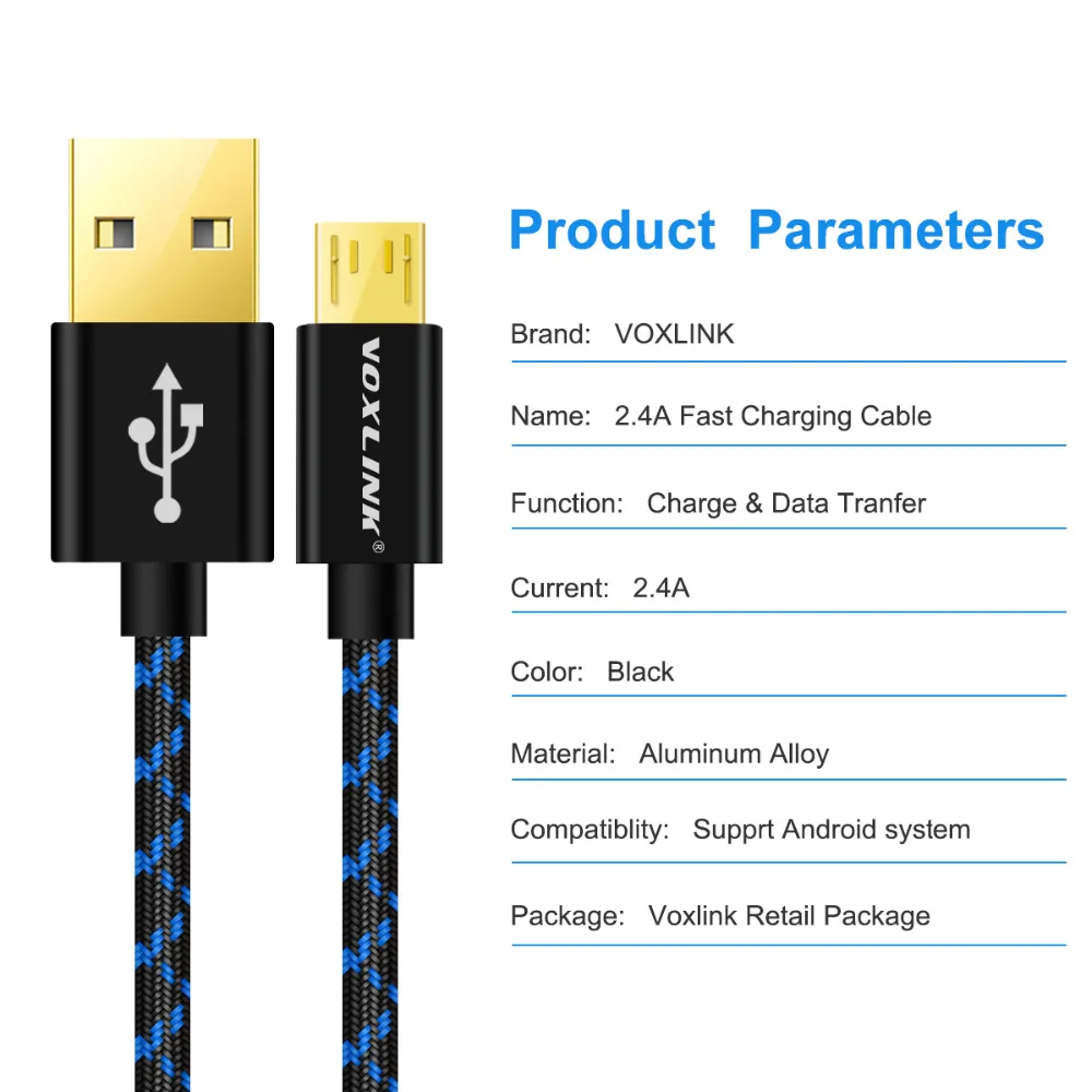 VOXLINK USB кабель 5V 2.4A Микро Нейлон Быстрая зарядка USB кабель для передачи данных для samsung Xiaomi LG планшет Android мобильный телефон зарядный шнур