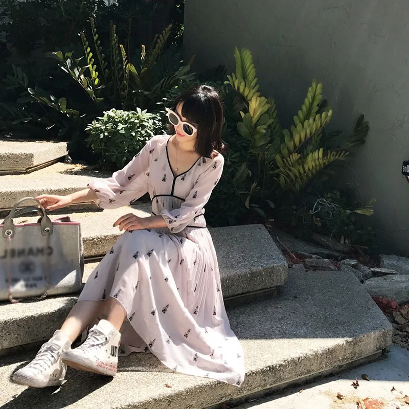 Лето 2017 г. женские платье Элегантный V шеи три четверти рукав шифон Свадебные