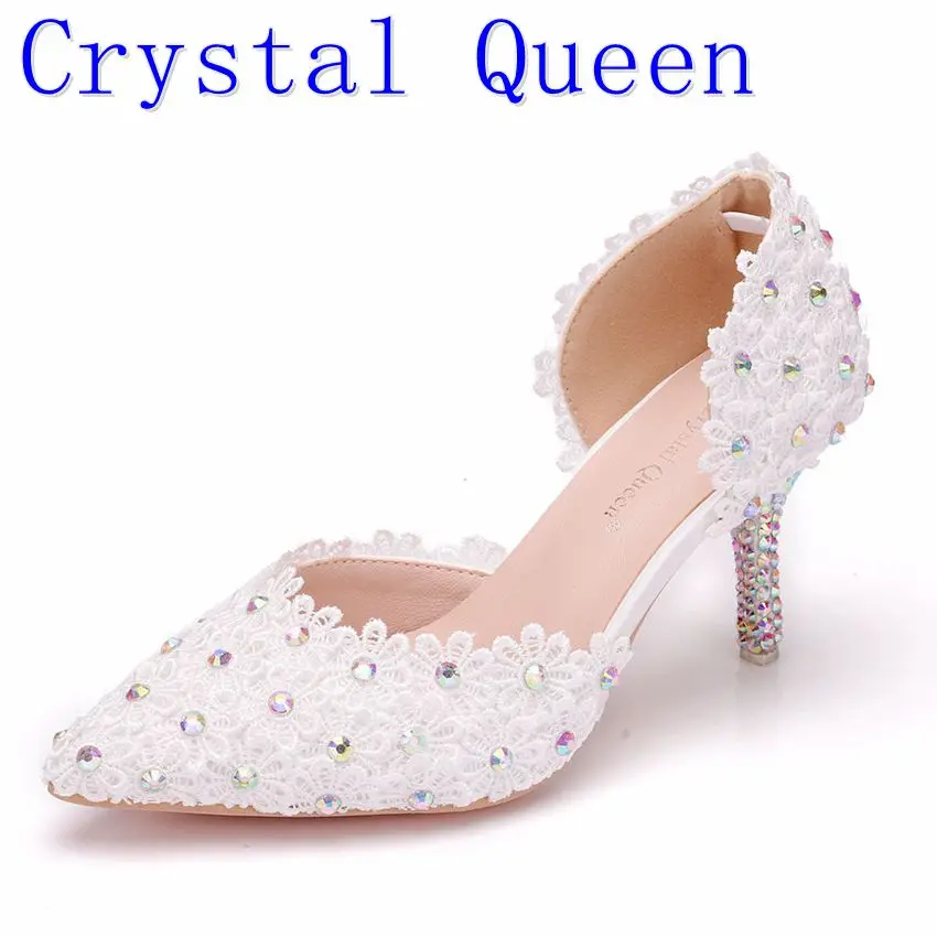 Летние сандалии на высоком каблуке 7 см с кристаллами Белые кружевные туфли