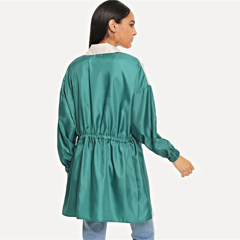 SHEIN, плащ-дождевик на молнии, с завязками, цвет, длинный жакет, Женская Осенняя сатиновая Повседневная Уличная верхняя одежда с длинным рукавом, пальто